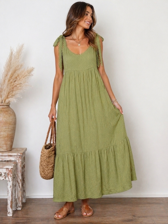 mine Dresses & Skirts - MINE Olive Green Tie Shoulder Boho Midi Dress | Textured Flowy L